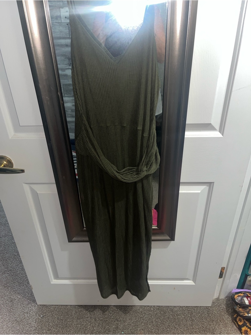 Express Olive Green Ribbed Maxi Dress with Waist Tie